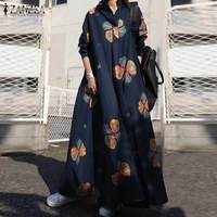Женский сарафан ZANZEA 2022 с принтом, кафтан, весеннее платье макси, Повседневная рубашка с длинным рукавом, платья, женский халат с отворотом, оверсайз 1005001723973373