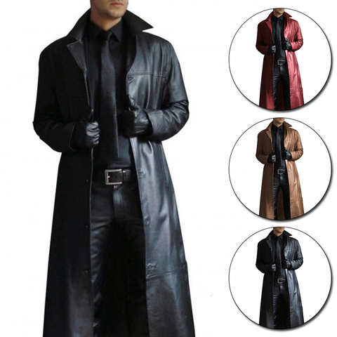 Мужской кожаный Тренч, винтажная ветровка в британском стиле, однотонное приталенное пальто, длинная куртка, размера плюс, S-5XL 1005001737773089
