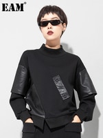 [EAM] Женская Черная футболка с карманами из искусственной кожи большого размера, новая модная водолазка с длинными рукавами, весна-осень 2022, 1DD0680 1005001747429023