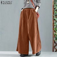 2022 ZANZEA винтажные женские вельветовые широкие брюки, модные свободные шаровары, осенние брюки с эластичным поясом, однотонные длинные брюки 1005001764904421