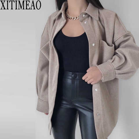 Xitimeao, новинка 2023 года, осенне-зимнее модное шерстяное пальто, женская Свободная рубашка, пальто, повседневное однотонное Женское пальто, однотонная куртка с лацканами 1005001770002965