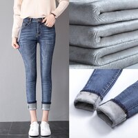 Женские однотонные джинсы с флисовой подкладкой, эластичные облегающие джинсовые брюки с завышенной талией, зимние теплые плотные леггинсы с карманами 1005001776100505