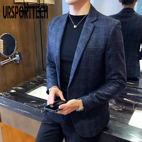 URSPORTTECH мужской блейзер в британском стиле, повседневный приталенный пиджак, мужской клетчатый пиджак, мужское пальто, Terno Masculino размера плюс M-5XL 1005001786569531
