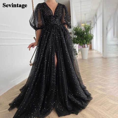 Платья для выпускного вечера Sevintage, черные, со звездами, с рукавами-фонариками, со складками, со шлейфом, с поясом 1005001804056056