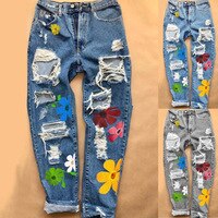 Женские рваные джинсы, модные милые брюки с высокой талией и цветочным принтом, с карманами, повседневные стильные брюки, джинсовые брюки для девочек-подростков, 2020 1005001805301622