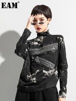 [EAM] Женская Асимметричная футболка с принтом на молнии большого размера, новая модная водолазка с длинными рукавами, весна-осень 2024, 1DD1437 1005001843001544
