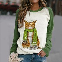 Женский свитшот с принтом в виде кота, зеленый шарф, пуловер с длинным рукавом и круглым вырезом, элегантный ретро-свитшот в стиле Харадзюку, осень 2021 1005001856768026