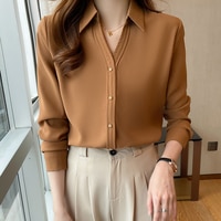 Корейские рубашки, женская модель, женские топы с длинным рукавом, белая рубашка, женская блузка, топ с V-образным вырезом, осенняя женская рубашка 1005001863119900