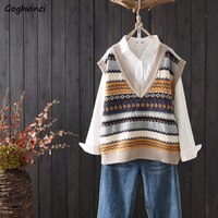 Женский свитер, жилет с узором ромбиками, вязаный винтажный женский модный простой шикарный топ с V-образным вырезом, свободный осенне-зимний джемпер в Корейском стиле, повседневный 1005001876257877