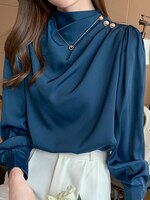 Женская атласная блузка, сине-белая рубашка с пышными рукавами, воротник-стойка, на пуговицах, для офиса, для весны и лета, 2021 1005001935747704