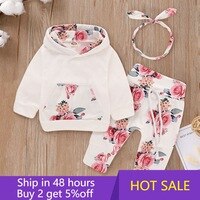 Комплект одежды для новорожденных девочек, белый топ с капюшоном с карманами + штаны с цветочным принтом + повязка на голову, весна, для новорожденных 1005001940331039