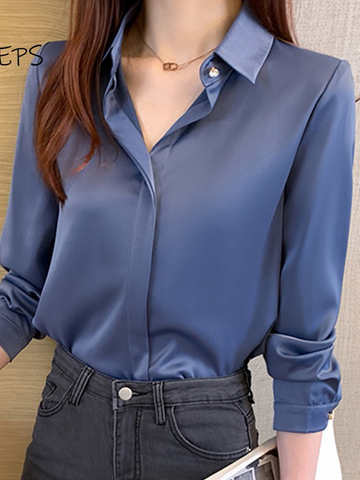 Женские атласные блузки с длинным рукавом, рубашки для офиса, одежда для работы, топы, синие, черные, серые, женская одежда, блузка для женщин, 2022 1005001960938072