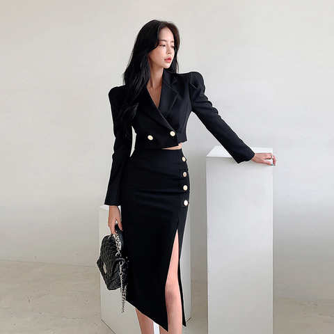 Женский деловой костюм из двух предметов, черный короткий топ с разрезом и юбка миди, офисная одежда для весны и осени 1005001988888225