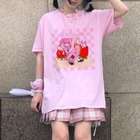 Женская футболка с принтом в японском стиле, летняя, свободная, винтажная, розовая 1005001989512946