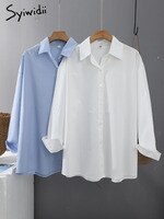 Syiwidii женские рубашки, блузки для офиса, для девушек, хлопок, 100%, большие размеры, свободные топы белого и синего цвета, с длинным рукавом, модная рубашка на пуговицах 1005001992756093