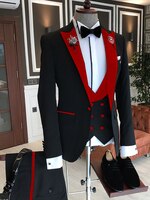 Деловой мужской костюм из трех предметов 2021, мужской жакет, индивидуальный Модный свадебный костюм для жениха, смокинг, красный бархатный блейзер с лацканами, жилет и брюки 1005001998809619