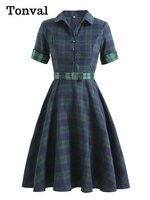 Женское винтажное платье-рубашка Tonval, весеннее сине-зеленое клетчатое платье миди на пуговицах с поясом, 2022 хлопок 1005002002237740