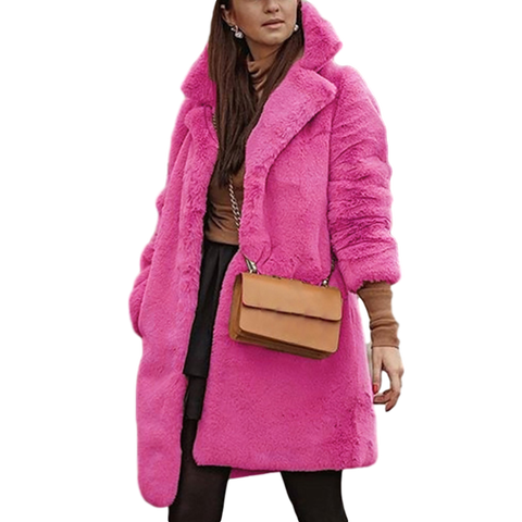 Женское длинное плюшевое пальто, розово-красное теплое пальто из искусственного меха, элегантная парка с отложным воротником для весны и осени, 2021 1005002017024901