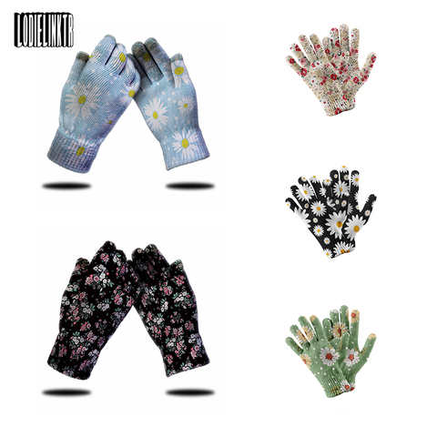 Женские трикотажные перчатки с 3D принтом цветов, рабочие садовые перчатки с маленькой маргариткой, высококачественные варежки, ранние перчатки для сенсорного экрана 1005002022585043