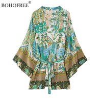 Блузка женская хлопковая в стиле бохо, короткий халат-кимоно с принтом павлина, накидка с поясом, Повседневная рубашка, вискоза 1005002038779672