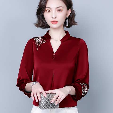 Женская атласная блузка с вышивкой TingYiLi, розовый, красный, зеленый, синий топ с V-образным вырезом и рукавом 3/4, Повседневная Свободная кофта для офиса в Корейском стиле на весну-лето 1005002044269116