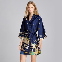 Халат-кимоно Женский атласный, ночная рубашка с принтом, шелковистая мягкая Пижама, пикантная короткая ночная рубашка, Повседневная Домашняя одежда, темно-синий цвет 1005002059707458