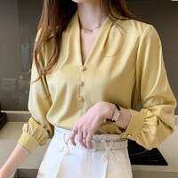 Блузка Женская атласная с V-образным вырезом, сорочка с длинным рукавом в Корейском стиле, шелковая Топ, желтая рубашка, XXL, лето 1005002064929081