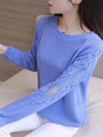 Женский ажурный тонкий свитер, элегантный однотонный вязаный пуловер с круглым вырезом и кружевом в Корейском стиле, в стиле пэчворк 1005002080220633