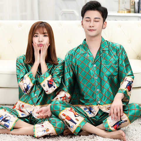 Пижамы для пар, Шелковая пижама с длинными рукавами, набор шелковых пижам для женщин, топы для сна, Женский пижамный комплект, пижамы для мужчин 1005002083091080