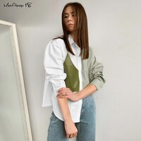 Mnealways18 винтажные комбинированные кожаные рубашки большого размера, Женская Асимметричная Дамская блузка с длинным рукавом, бортные Лоскутные Топы 1005002090064946