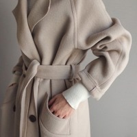 Зимнее женское бежевое элегантное шерстяное Смешанное однотонное корейское длинное пальто в стиле ретро модное черное Простое Шерстяное верблюжьей расцветки пальто большого размера 1005002107295229