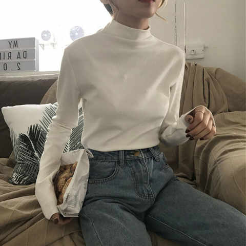 Женская хлопковая осенне-зимняя футболка с длинным рукавом белый топ водолазка 1005002181406295