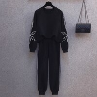 Женский спортивный костюм из 2 предметов, черная Свободная Толстовка с длинным рукавом и вышивкой, большие размеры, весна 2022 1005002193618506