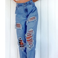Женские джинсы с высокой талией, свободные, рваные, тонкие, повседневные Прямые джинсы 1005002225042997