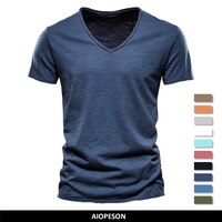Футболка мужская с V-образным вырезом, брендовая приталенная Однотонная рубашка из 100% хлопка, с коротким рукавом 1005002264806994
