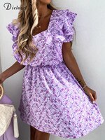 DICLOUD Boho Летнее платье с цветочным рисунком для женщин 2022 элегантный сиреневый светильник, пляжный короткий сарафан, сексуальный v-образный вырез, оборки, вечерние платья с принтом 1005002270628516