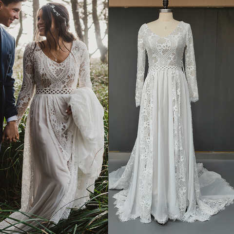 Платье Свадебное шифоновое с открытой спиной, длинными рукавами и V-образным вырезом 1005002272484283