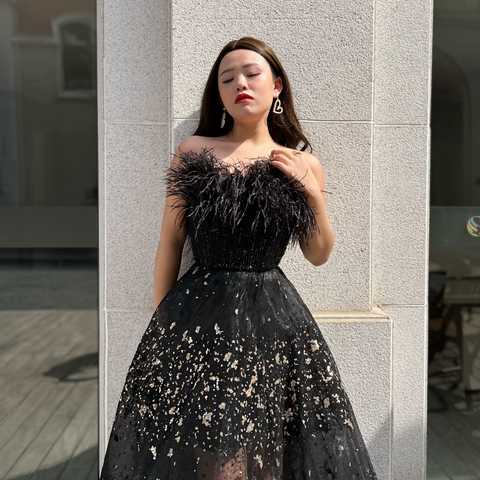 Роскошное Черное длинное арабское вечернее платье с перьями для женщин Свадебные вечерние платья черные бусины Дубай официальное выпускное облегающее платье 1005002291512041