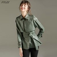 FTLZZ 2022 весенне-осенняя куртка из искусственной кожи с отворотом женское зеленое пальто из искусственной кожи простые свободные куртки Офисная Женская верхняя одежда с поясом 1005002305401538