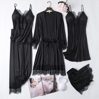 Комплект пижамный женский атласный, кружевная ночная рубашка, пикантный пижамный комплект черного цвета, ночной купальный халат, одежда для сна, домашняя пижама, 5 шт. 1005002320351672
