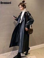 Nerazzurri Черный оверсайз длинный кожанный тренч женский Корейская модная женская одежда больших размеров Водонепроницаемое пальто из искусственной кожи для женщин кожанное пальто женское тренчи плащи женские 2021 1005002336860298