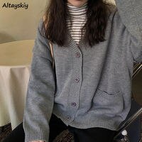 Кардиган женский Повседневный в стиле ретро, однотонный Серый свободный однобортный джемпер с карманами и V-образным вырезом, модный универсальный джемпер, верхняя одежда 1005002351010605