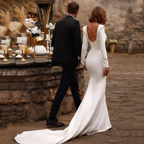 UZN Элегантное свадебное платье Русалка с квадратным вырезом из атласа с длинным рукавом платье невесты U-образной формы с открытой спиной 1005002351951734