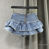 Женская джинсовая юбка с высокой талией, однобортная эластичная юбка с оборками, весна-лето 2023 1005002358525373