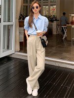 Брюки женские прямые с широкими штанинами, винтажные коричневые повседневные длинные штаны в Корейском стиле с завышенной талией, белые бежевые в стиле ретро, темно-синий 1005002378659574