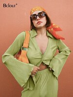 Bclout осенние зеленые брючные костюмы, женские модные свободные рубашки с расклешенными рукавами, повседневные плиссированные брюки, комплект из двух предметов, модель 2022 1005002384244907