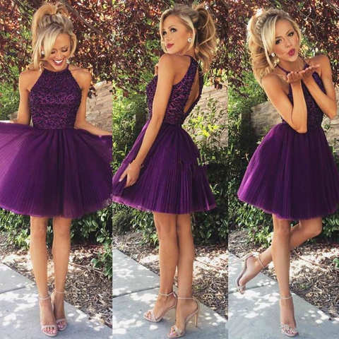 LSYX фиолетовое платье для встречи выпускников мини-платье для выпускного вечера ТРАПЕЦИЕВИДНОЕ короткое Тюлевое платье без рукавов с открытой спиной яркое платье выше колена 1005002388701252