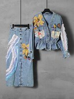 Женский джинсовый костюм, юбка с разрезом и V-образным вырезом, весна 2021 1005002410909736