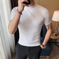 Мужская Трикотажная футболка в полоску, черная или белая однотонная Приталенная футболка с высоким воротником и короткими рукавами, 2022 1005002420991340
