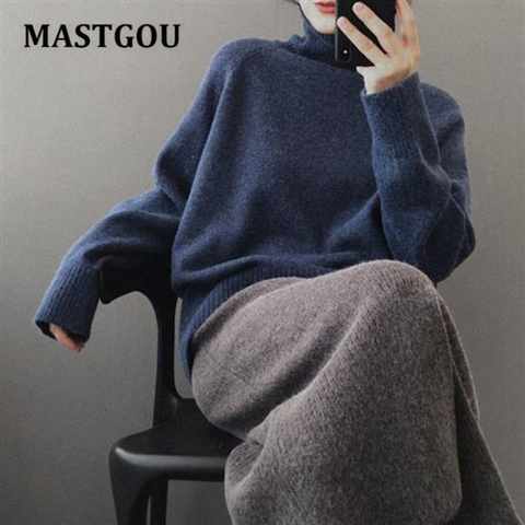 Зимний плотный свитер большого размера MASTGOU, Женский вязаный кашемировый пуловер, свитер с длинным рукавом, водолазка, свободный джемпер, теплый свитер 1005002423571144